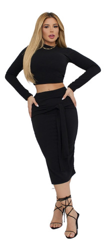 Conjunto Feminino Saia E Cropped Premium Midi Blusa Longa