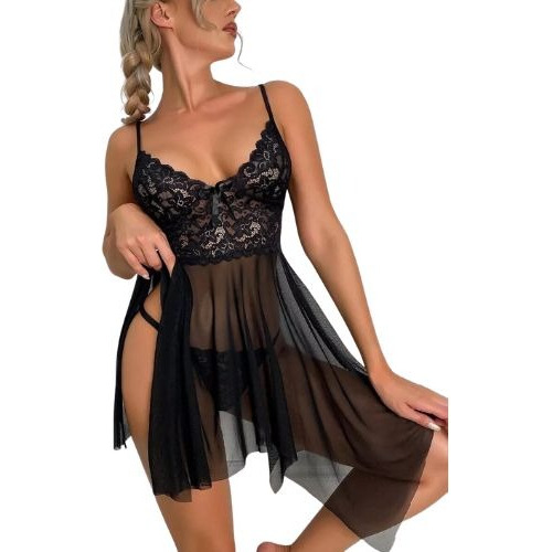 Babydoll  Transparente Sexyhot Ropa De Dormir Negro Encaje