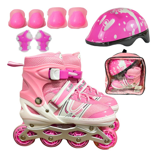 Patins Inline Feminino Roller Infantil Menina +capacete Rosa