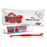Kit Higiene Bucal Pet Cães Gatos Creme Dental Escova Longa Sabor Morango