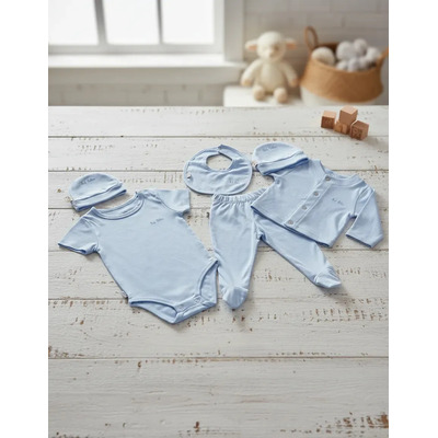Set 5pz Ropa Bebé Algodón Salida Hospital Recién Nacido Neek Color Celeste Talla 0m