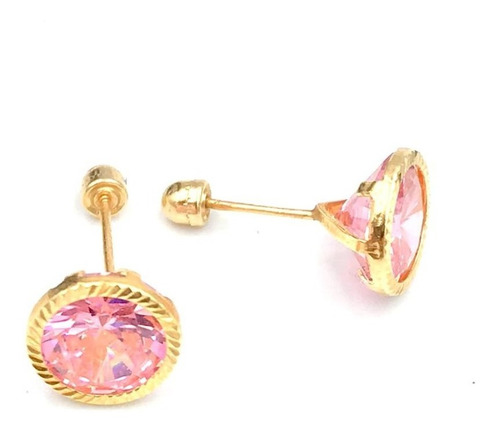 Aretes Piedra Grande Color Rosa Oro Puro 10k Mujer 8 Mm