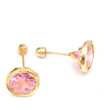 Aretes Piedra Grande Color Rosa Oro Puro 10k Mujer 8 Mm