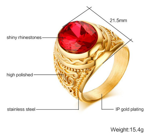 Anillo De Piedra Roja Para Hombre Con Diamantes De Imitación