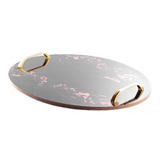 Bandeja De Madeira Mdf Decorativa Oval Alça Dourada Circular