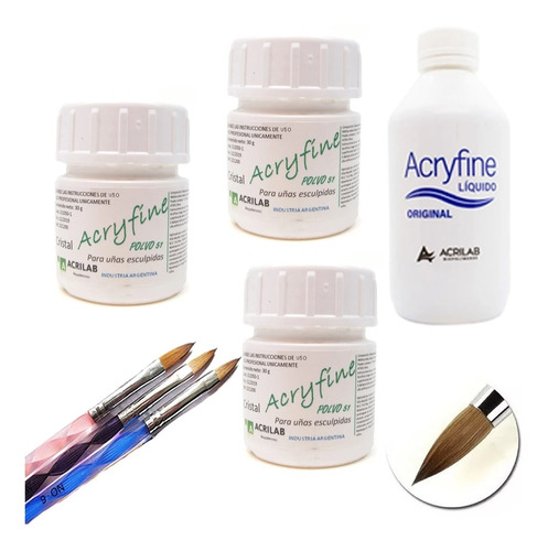 Kit 3 Acrilico Acryfine 30 Gs Polimeros +monomero + Pinceles