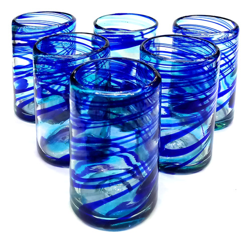 Set De 6 Vasos Para Agua Hilo Jalado Bicolor -vidrio Soplado