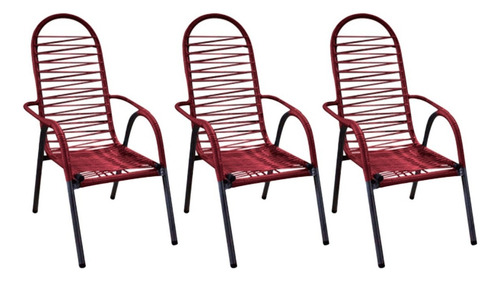 3 Cadeiras Reforçada De Area Varanda De Fio De Pvc Espaguete Cor Vermelho