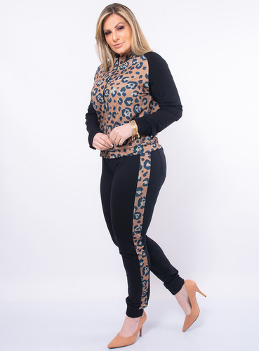 Conjunto Plus Size Malha Encorpada Animal Print Caramelo