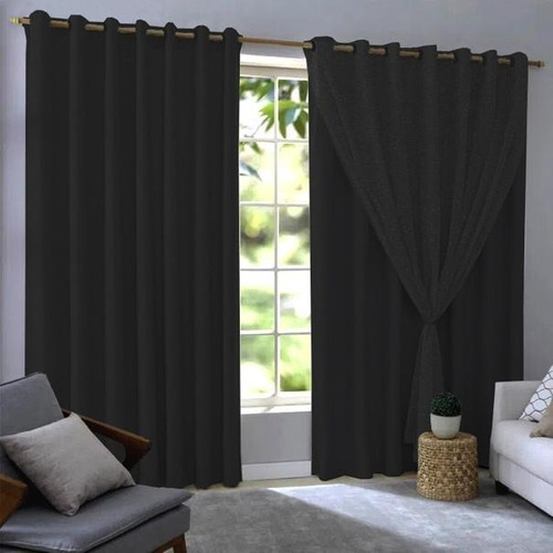 Cortina Blackout Com Voil 280x230 100% Corta Luz Sala/quarto Cor Preto