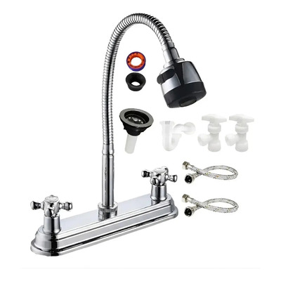 Kit Jgo Llave Mezcladora Grifo Cuello Flexible Tarja/cocina Color Cromado
