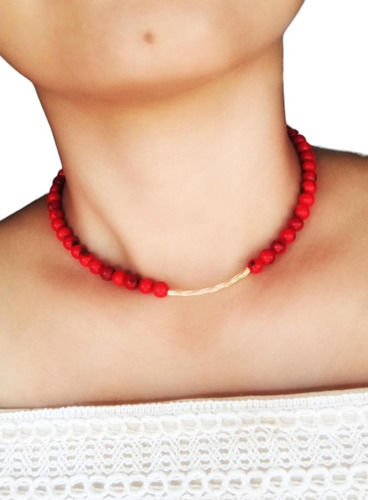 Collar De Coral Natural Rojo Y Oro Laminado 18k (goldfilled)