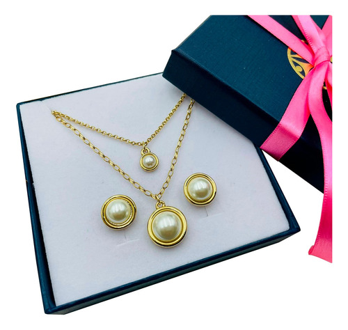 Set De Collar Con Aretes De Perla Nice 4 Baños De Oro 18 K