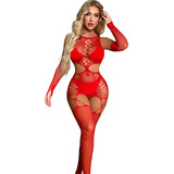 Sexy Conjunto De Red Con Aperturas Y Guantes Hotwife Milf