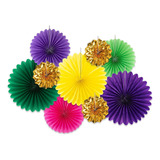 9pcs Colourful Mardi Gras Hanging Fans Set For Mardi Gras De