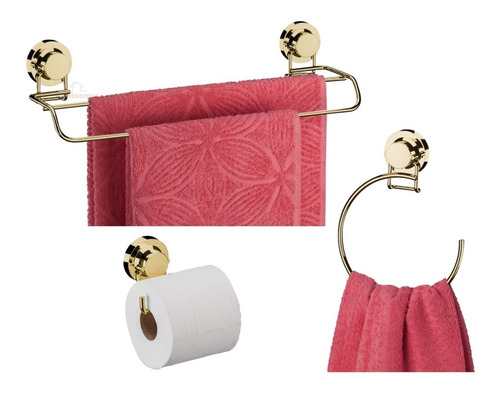 Kit Toalheiro Porta Toalha Argola Papel Hig Ventosa Dourado