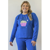 Conjunto Moletom Feminino Plus Size De Algodão Sweet Azul