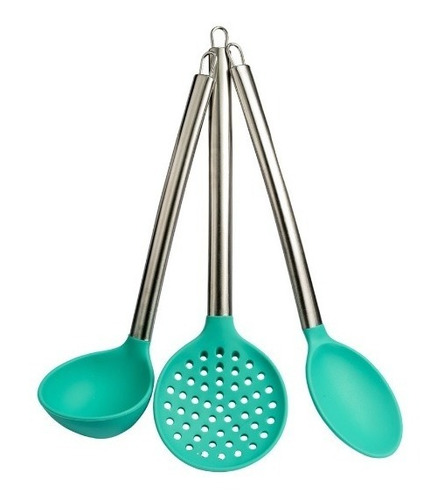 Conjunto Espátula Colher Utensílios Silicone Inox Cores 3uni