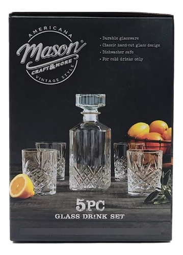 Mason Jar Craft & More Set Licorera Whiskey + 4 Vasos Vidrio