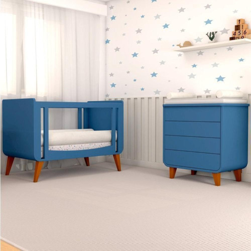 Quarto De Bebê Completo Berço 2 Em 1 Com Cômoda Azul