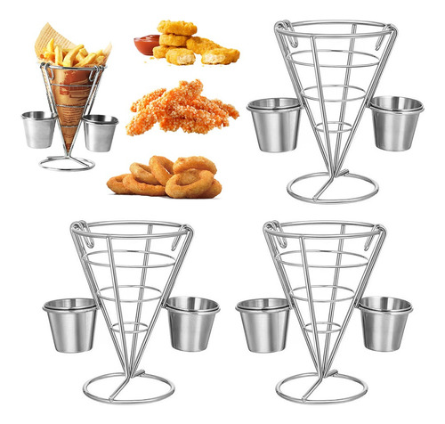 4 Cestas Fritas Francesas Con Tazas De Salsa