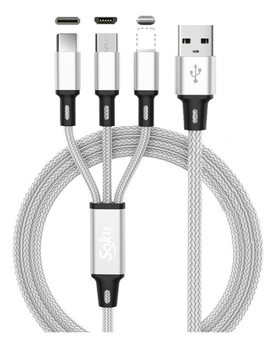 Cable Usb Tipo C/ Micro Usb/ 8 Pines 3 En 1 Datos Carga Color Plateado