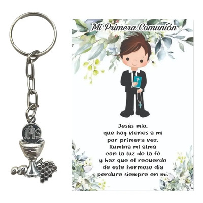10 Llaveros De Primera Comunión Tarjeta Recuerdos Religiosos Azul Niño