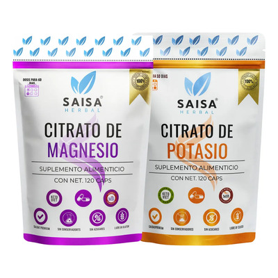 Citrato de magnesio y Citrato de Potasio bolsas 120 cápsulas cada uno Suplemento Alimenticio | Saisa Herbal Sin sabor | Alta biodisponibilidad | Apoyo del sueño, Ayuda a fortalecer musculos, Vitalidad | Meses sin interés