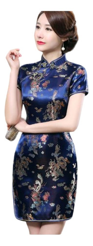 Vestido Tradicional Chino Qipao Cheongsam Azul Con Bordados