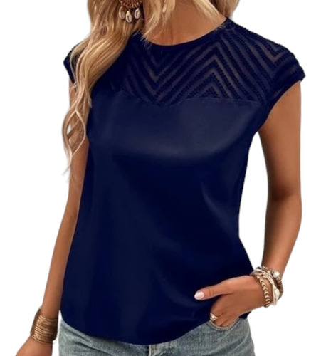 Blusa Top Polera Com Malla Y Encaje Azul