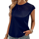 Blusa Top Polera Com Malla Y Encaje Azul