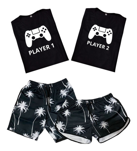 Conjunto Shorts Praia Casal + Camiseta De Casal Player 1 E 2