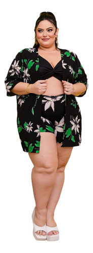 Conjunto Kimono Cardigan + Short E Cropped Plus Size Até 54