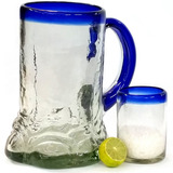 Tarro Cervecero - Vidrio Soplado Borde Y Asa Azul (1 Litro)