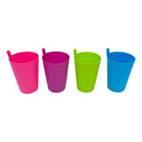 Vaso Con Popote Plastico De Colores 200 Ml 4pack Mayoreo