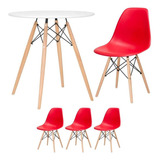 Kit Mesa Jantar Eames Wood 70 Cm 3 Cadeiras Eiffel Coloridas Tampa Mesa Branco Com Cadeiras Vermelho