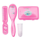 Kit Higiene Bebê Pente Escova Saboneteira Escova Massageador Cor Menina Rosa