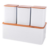 Conjunto Porta Pães 3 Potes Em Metal Branco Tampa De Bambu