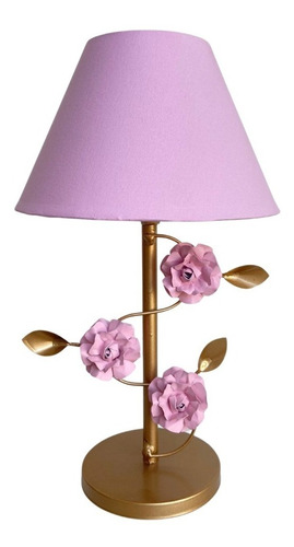 Abajur Dourado/branco Cristal Flor Rosa Quarto Bebê Infantil