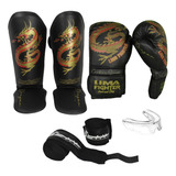 Caneleira Muay Thai+ Luva Boxe Dragon+ Bandagem Lima Fighter