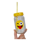 60 Frascos Vasos Souvenirs Emojis Con Tapa Y Sorbetes