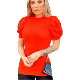 Tricô Modal Blusinha Canelada Manga Princesa Bufante Verão