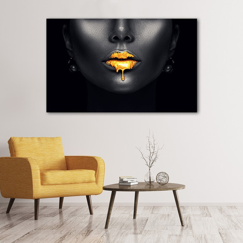 Mujer Fondo Negro Labios Dorados,cuadro Decorativo En Canvas