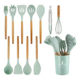 Set 12 Utensilios Cocina Silicona Madera Espátulas Pinza 