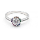 Anillo Flor Multicolor Micropave Rodinado. Plata 925