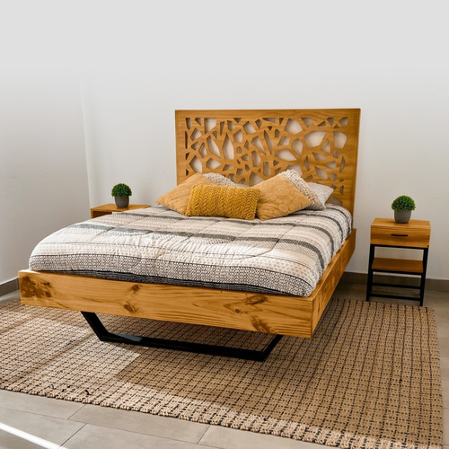 Cama De Madera 2 Plazas Con Respaldo Y 2 Veladores