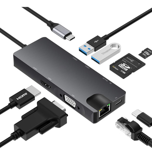 Concentrador Adaptador Ethernet 4k Hdmi Usb Tipo C 9 En 1