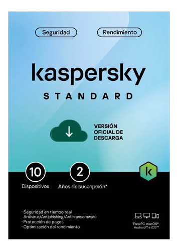 Kaspersky Antivirus Standard  2024 / 10 Pcs  2 Años  