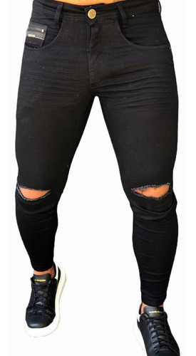 Calça Jeans Masculina Skinny Rasgada Joelho Destroyed Lycra