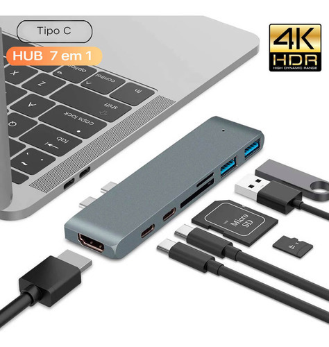 Adaptador Hub 7 Em 1 Tipo C Usb Sd Micro Sd Hdmi